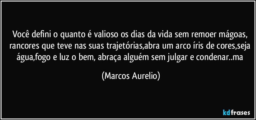 Você defini o quanto é valioso os  dias da vida sem  remoer mágoas, rancores que teve nas suas trajetórias,abra um arco íris de cores,seja água,fogo e luz o bem, abraça alguém sem julgar e condenar..ma (Marcos Aurelio)