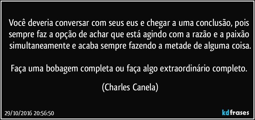 Você deveria conversar com seus eus e chegar a uma conclusão, pois sempre faz a opção de achar que está agindo com a razão e a paixão simultaneamente e acaba sempre fazendo a metade de alguma coisa.

Faça uma bobagem completa ou faça algo extraordinário completo. (Charles Canela)