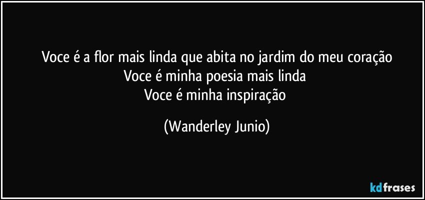 Voce é a flor mais linda que abita no jardim do meu coração
Voce é minha poesia mais linda 
Voce é minha inspiração (Wanderley Junio)