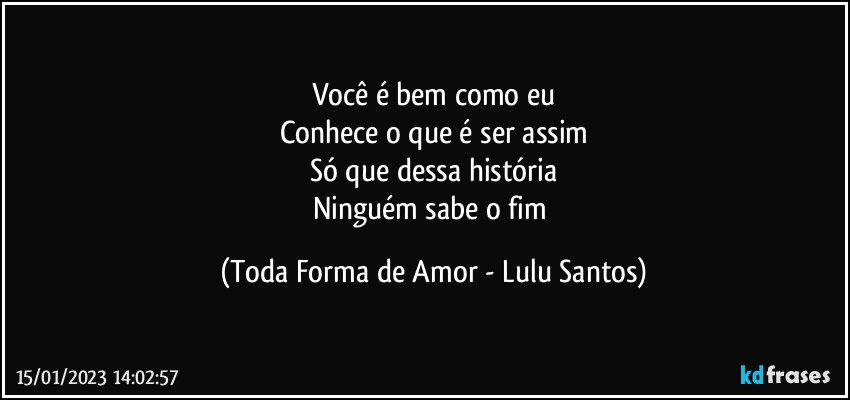 Você é bem como eu
Conhece o que é ser assim
Só que dessa história
Ninguém sabe o fim (Toda Forma de Amor - Lulu Santos)