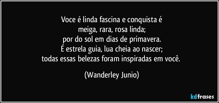 Voce é linda fascina e conquista é
meiga, rara, rosa linda;
por do sol em dias de primavera.
É estrela guia, lua cheia ao nascer;
todas essas belezas foram inspiradas em você. (Wanderley Junio)