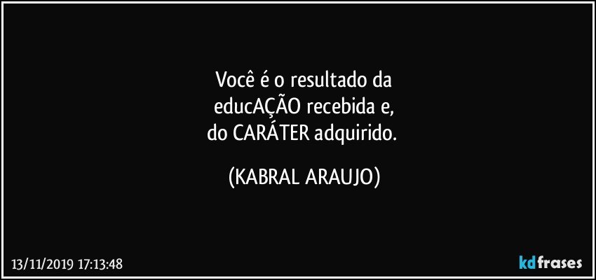 Você é o resultado da
educAÇÃO recebida e,
do CARÁTER adquirido. (KABRAL ARAUJO)