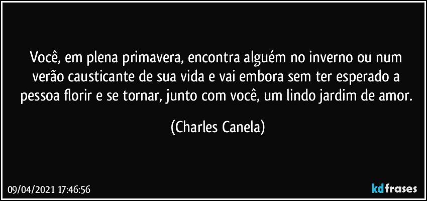 Você, em plena primavera, encontra alguém no inverno ou num verão causticante de sua vida e vai embora sem ter esperado a pessoa florir e se tornar, junto com você, um lindo jardim de amor. (Charles Canela)