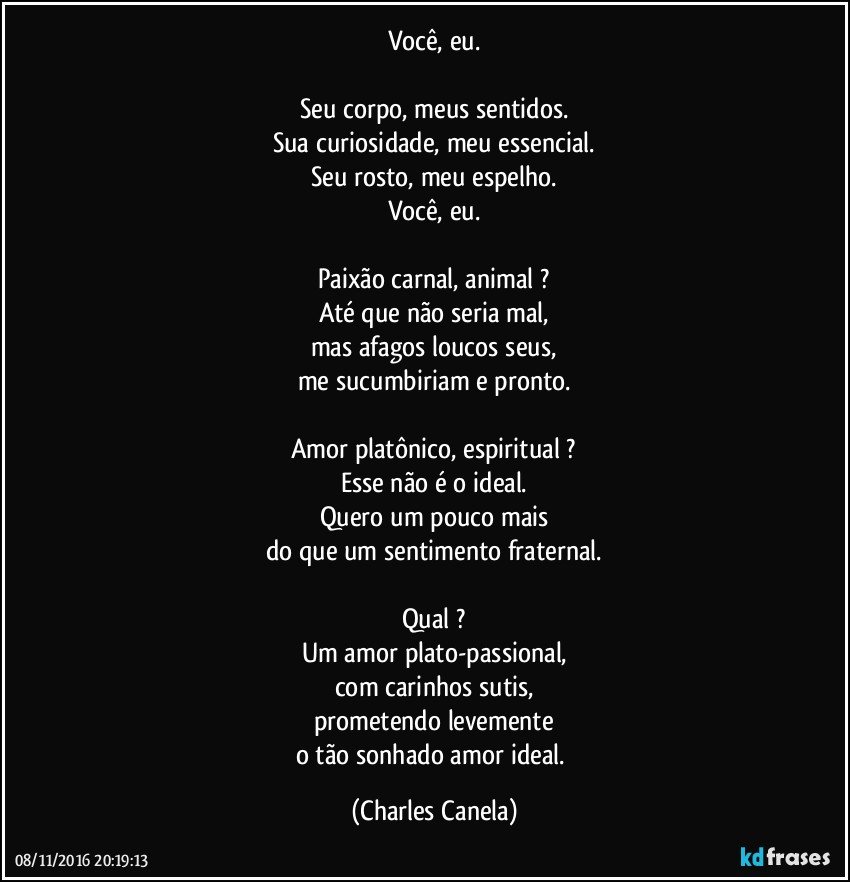 Você, eu.

Seu corpo, meus sentidos.
Sua curiosidade, meu essencial.
Seu rosto, meu espelho.
Você, eu.

Paixão carnal, animal ?
Até que não seria mal,
mas afagos loucos seus,
me sucumbiriam e pronto.

Amor platônico, espiritual ?
Esse não é o ideal.
Quero um pouco mais
do que um sentimento fraternal.

Qual ?
Um amor plato-passional,
com carinhos sutis,
prometendo levemente
o tão sonhado amor ideal. (Charles Canela)