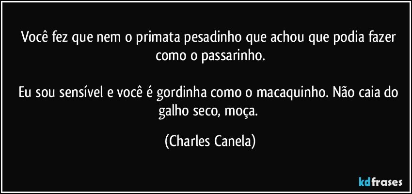 Você fez que nem o primata pesadinho que achou que podia fazer como o passarinho.

Eu sou sensível e você é gordinha como o macaquinho. Não caia do galho seco, moça. (Charles Canela)