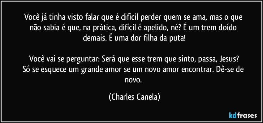 Você já tinha visto falar que é difícil perder quem se ama, mas o que não sabia é que, na prática, difícil é apelido, né? É um trem doído demais. É uma dor filha da puta!

Você vai se perguntar: Será que esse trem que sinto, passa, Jesus?
Só se esquece um grande amor se um novo amor encontrar. Dê-se de novo. (Charles Canela)