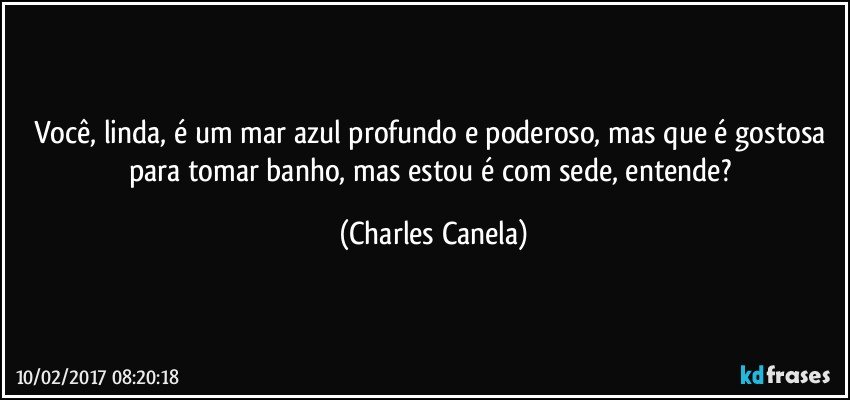 Você, linda, é um mar azul profundo e poderoso, mas que é gostosa para tomar banho, mas estou é com sede, entende? (Charles Canela)