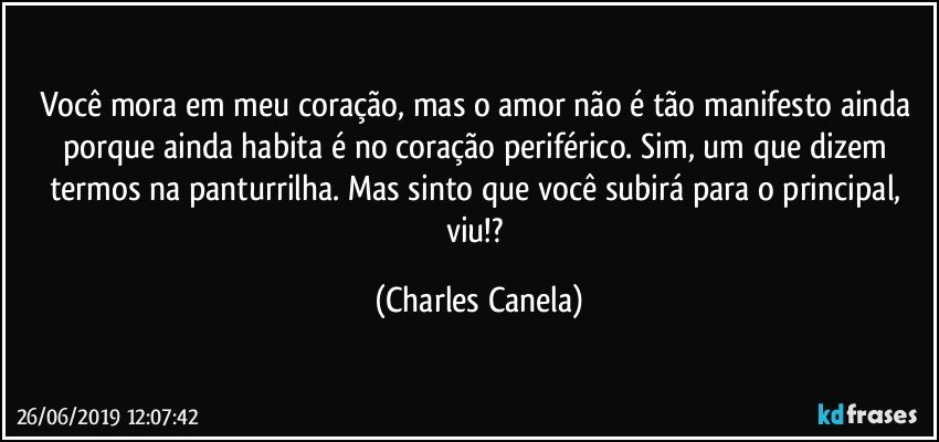 Você mora em meu coração, mas o amor não é tão manifesto ainda porque ainda habita é no coração periférico. Sim, um que dizem termos na panturrilha. Mas sinto que você subirá para o principal, viu!? (Charles Canela)