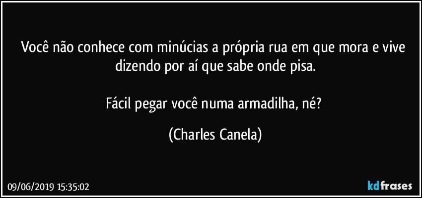 Você não conhece com minúcias a própria rua em que mora e vive dizendo por aí que sabe onde pisa.

Fácil pegar você numa armadilha, né? (Charles Canela)