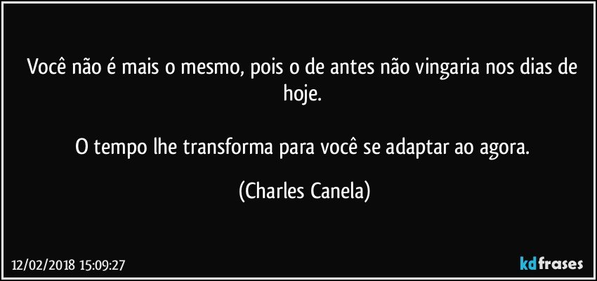 Você não é mais o mesmo, pois o de antes não vingaria nos dias de hoje. 

O tempo lhe transforma para você se adaptar ao agora. (Charles Canela)