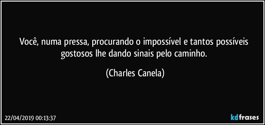 Você, numa pressa, procurando o impossível e tantos possíveis gostosos lhe dando sinais pelo caminho. (Charles Canela)