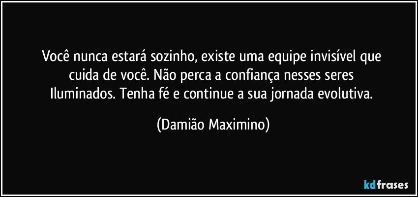 Você nunca estará sozinho, existe uma equipe invisível que 
cuida de você. Não perca a confiança nesses seres 
Iluminados. Tenha fé e continue a sua jornada evolutiva. (Damião Maximino)