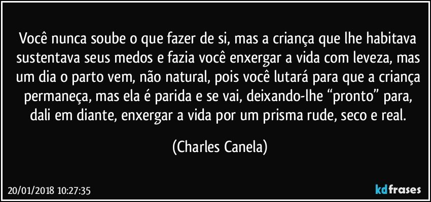 Você nunca soube o que fazer de si, mas a criança que lhe habitava sustentava seus medos e fazia você enxergar a vida com leveza, mas um dia o parto vem, não natural, pois você lutará para que a criança permaneça, mas ela é parida e se vai, deixando-lhe “pronto” para, dali em diante, enxergar a vida por um prisma rude, seco e real. (Charles Canela)