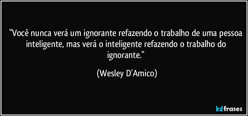 "Você nunca verá um ignorante refazendo o trabalho de uma pessoa inteligente, mas verá o inteligente refazendo o trabalho do ignorante." (Wesley D'Amico)