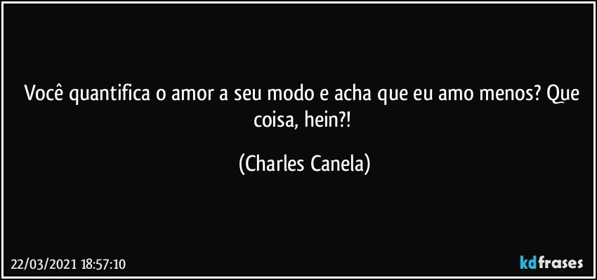 Você quantifica o amor a seu modo e acha que eu amo menos? Que coisa, hein?! (Charles Canela)