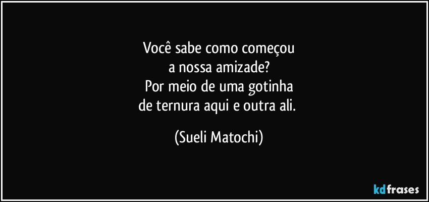 Você sabe como começou
a nossa amizade?
Por meio de uma gotinha
de ternura aqui e outra ali. (Sueli Matochi)