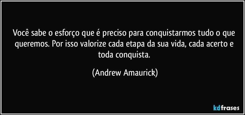 Você sabe o esforço que é preciso para conquistarmos tudo o que queremos. Por isso valorize cada etapa da sua vida, cada acerto e toda conquista. (Andrew Amaurick)