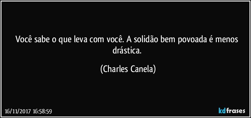 Você sabe o que leva com você. A solidão bem povoada é menos drástica. (Charles Canela)