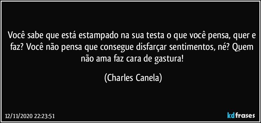 Você sabe que está estampado na sua testa o que você pensa, quer e faz? Você não pensa que consegue disfarçar sentimentos, né? Quem não ama faz cara de gastura! (Charles Canela)