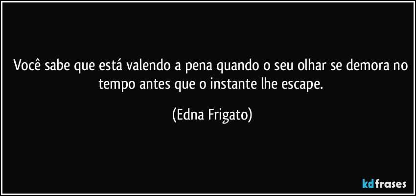 Você sabe que está valendo a pena quando o seu olhar se demora no tempo antes que o instante lhe escape. (Edna Frigato)