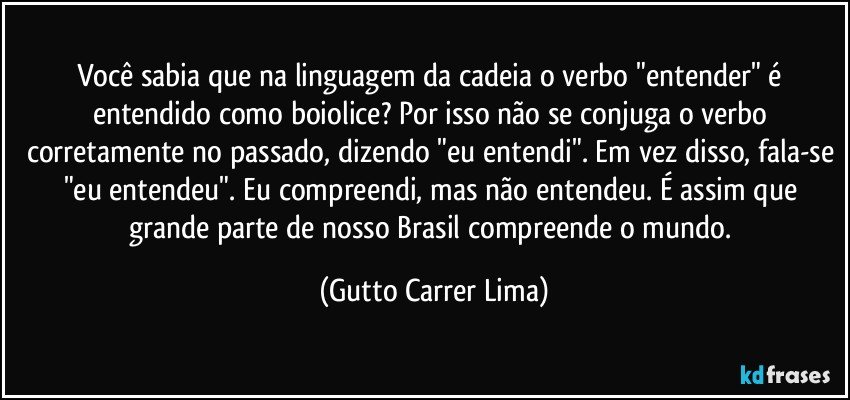 Você sabia que na linguagem da cadeia o verbo "entender" é entendido como boiolice? Por isso não se conjuga o verbo corretamente no passado, dizendo "eu entendi". Em vez disso, fala-se "eu entendeu".  Eu compreendi, mas não entendeu. É assim que grande parte de nosso Brasil compreende o mundo. (Gutto Carrer Lima)