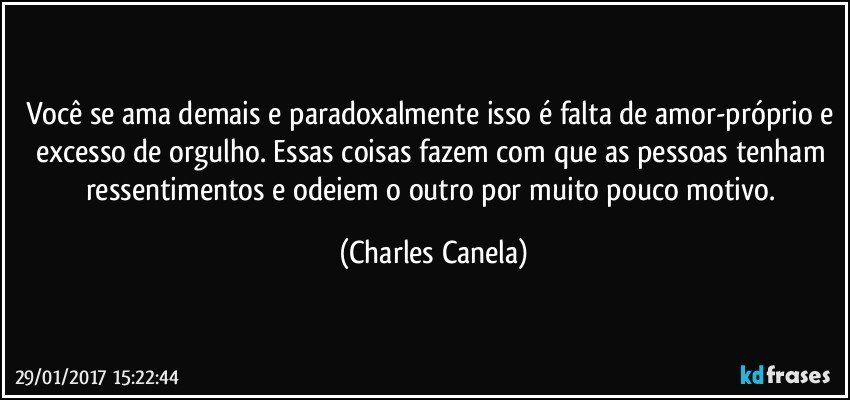 Você se ama demais e paradoxalmente isso é falta de amor-próprio e excesso de orgulho. Essas coisas fazem com que as pessoas tenham ressentimentos e odeiem o outro por muito pouco motivo. (Charles Canela)