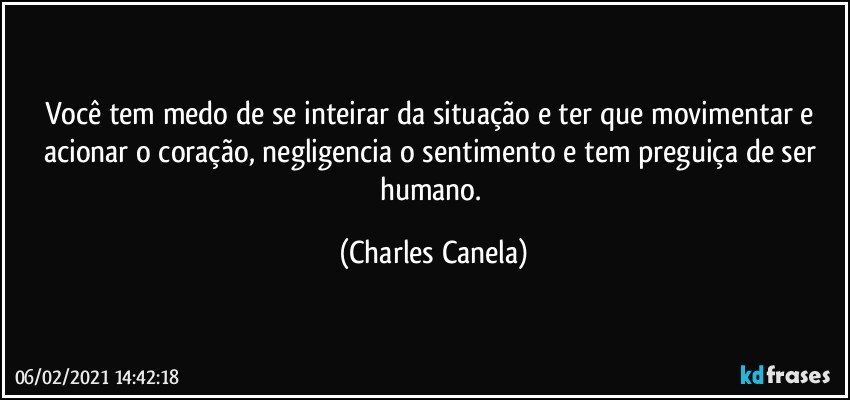 Você tem medo de se inteirar da situação e ter que movimentar e acionar o coração, negligencia o sentimento e tem preguiça de ser humano. (Charles Canela)