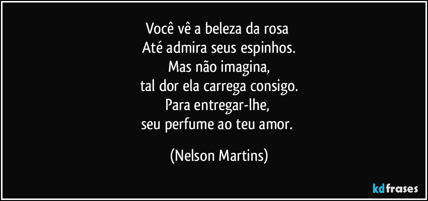 Você vê a beleza da rosa
Até admira seus espinhos.
Mas não imagina,
tal dor ela carrega consigo.
Para entregar-lhe,
seu perfume ao teu amor. (Nelson Martins)