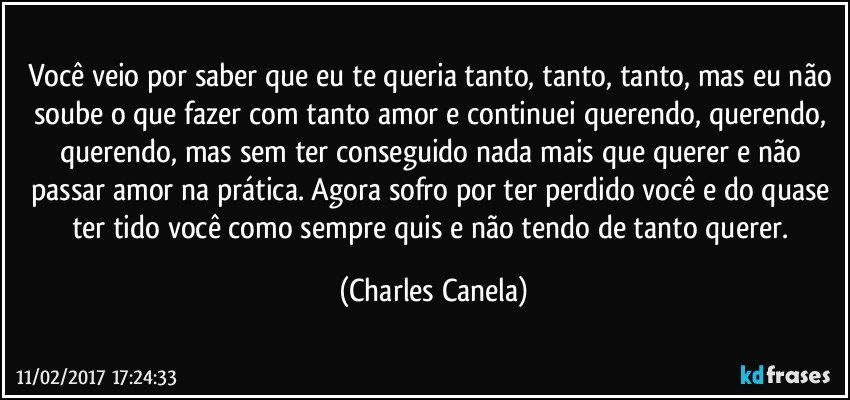 Você veio por saber que eu te queria tanto, tanto, tanto, mas eu não soube o que fazer com tanto amor e continuei querendo, querendo, querendo, mas sem ter conseguido nada mais que querer e não passar amor na prática. Agora sofro por ter perdido você e do quase  ter tido você como sempre quis e não tendo de tanto querer. (Charles Canela)