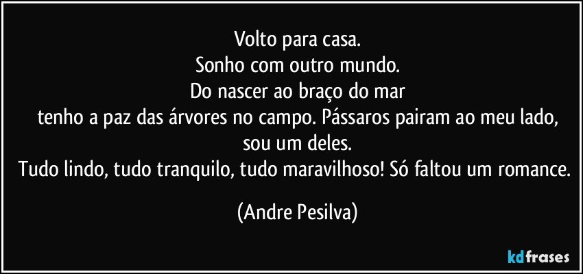 Volto para casa.
Sonho com outro mundo.
Do nascer ao braço do mar
tenho a paz das árvores no campo. Pássaros pairam ao meu lado,
sou um deles.
Tudo lindo, tudo tranquilo, tudo maravilhoso! Só faltou um romance. (Andre Pesilva)