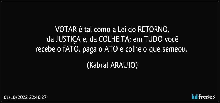 VOTAR é tal como a Lei do RETORNO,
da JUSTIÇA e, da COLHEITA; em TUDO você
recebe o fATO, paga o ATO e colhe o que semeou. (KABRAL ARAUJO)