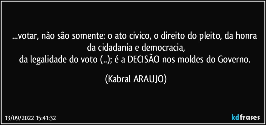 ...votar, não são somente: o ato civico, o direito do pleito, da honra da cidadania e democracia,
da legalidade do voto (..); é a DECISÃO nos moldes do Governo. (KABRAL ARAUJO)