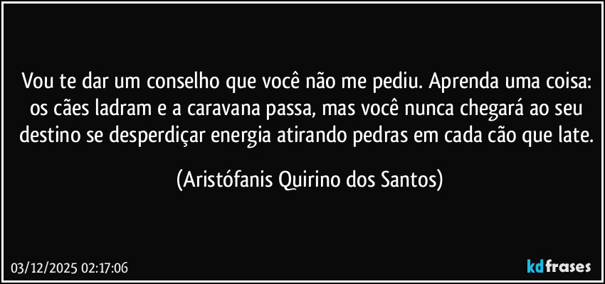 Vou te dar um conselho que você não me pediu. Aprenda uma coisa: os cães ladram e a caravana passa, mas você nunca chegará ao seu destino se desperdiçar energia atirando pedras em cada cão que late. (Aristófanis Quirino dos Santos)