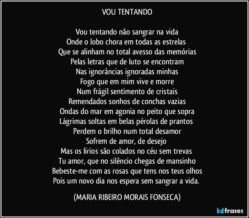 VOU TENTANDO

Vou tentando não sangrar na vida
Onde o lobo chora em todas as estrelas 
Que se alinham no total avesso das memórias
Pelas letras que de luto se encontram
Nas ignorâncias ignoradas minhas
Fogo que em mim vive e morre
Num frágil sentimento de cristais
Remendados sonhos de conchas vazias
Ondas do mar em agonia no peito que sopra
Lágrimas soltas em belas pérolas de prantos 
Perdem o brilho num total desamor
Sofrem de amor, de desejo 
Mas os lírios são colados no céu sem trevas 
Tu amor, que no silêncio chegas de mansinho
Bebeste-me com as rosas que tens nos teus olhos
Pois um novo dia nos espera sem sangrar a vida. (MARIA RIBEIRO MORAIS FONSECA)